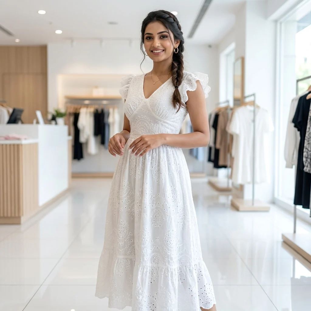 Signature White Schiffli Eyelet Midi Dress for Women – white schiffli midi dress – photo 1