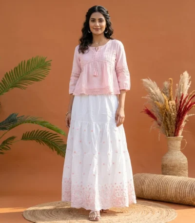 Signature Women White and Pink Floral Embroidered Tiered Maxi Skirt – white embroidered maxi skirt – photo 1