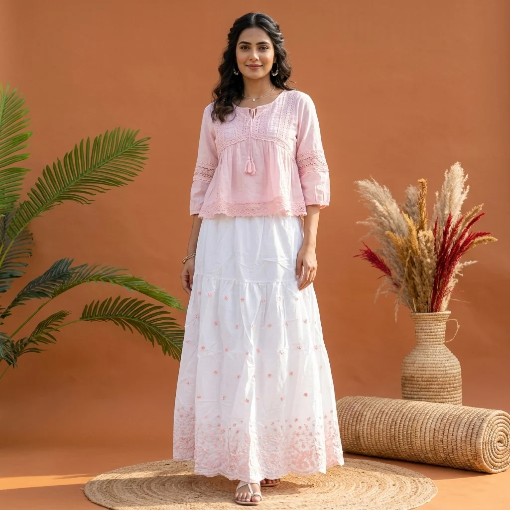 Signature Women White and Pink Floral Embroidered Tiered Maxi Skirt – white embroidered maxi skirt – photo 1