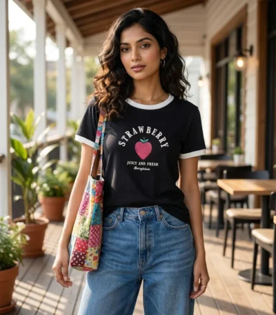 Signature Women's Black Strawberry Graphic Ringer T-Shirt – women strawberry graphic t shirt – photo 1