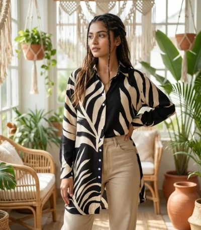 Signature Women's Long Shirt With Abstract Leaf Print – women's long shirt – photo 1