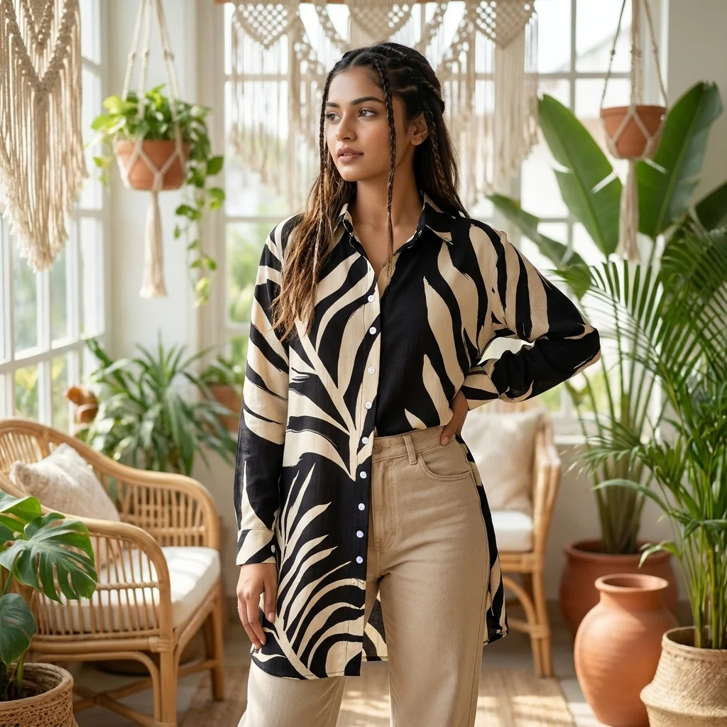 Signature Women's Long Shirt With Abstract Leaf Print – women's long shirt Signature Women's Long Shirt With Abstract Leaf Print – women's long shirt – photo 1