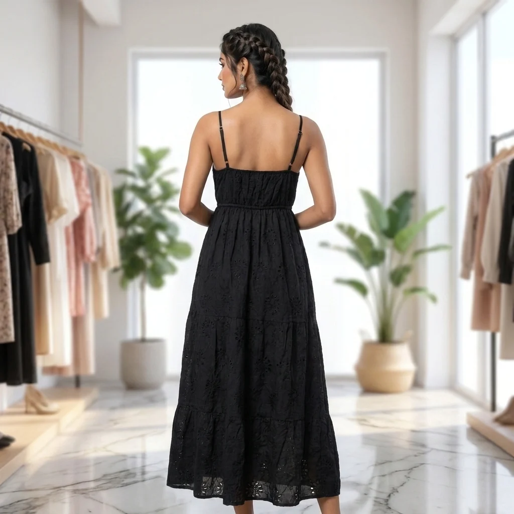 Timeless Black Schiffli Tiered Maxi Dress for Women – black schiffli maxi dress – photo 1
