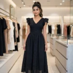 Timeless Black Schiffli V-Neck Flutter Sleeve Women's Maxi Dress – black schiffli maxi dress – photo 1