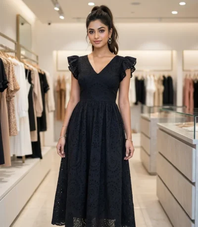 Timeless Black Schiffli V-Neck Flutter Sleeve Women's Maxi Dress – black schiffli maxi dress – photo 1