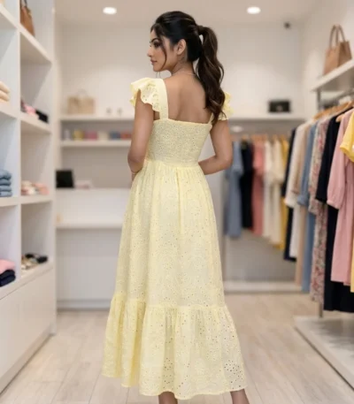 Timeless Yellow Schiffli Eyelet Tiered Womens Maxi Dress – yellow schiffli maxi dress – photo 1