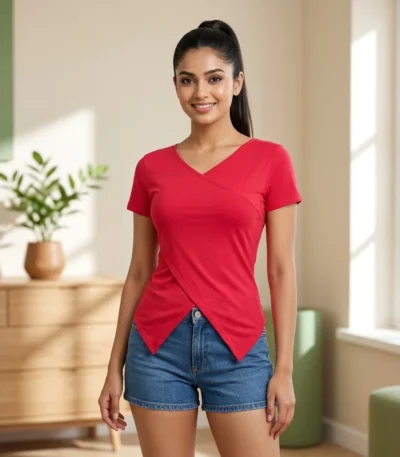 Ultimate Red Women's Top with Asymmetric Wrap Hem – red womens top – photo 1