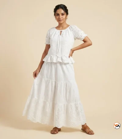 Ultimate White Cotton Co-ord Set for Women with Eyelet Embroidery – white cotton co-ord set – photo 1