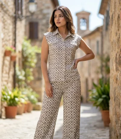 Ultimate women co-ord set in printed cream design – women co-ord set – photo 1