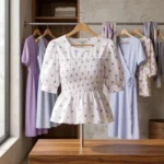 white and purple polka dot smocked peplum top (1)