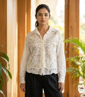 White embroidered shirt featuring a classic collar and button-down front for women – white embroidered shirt – photo 1
