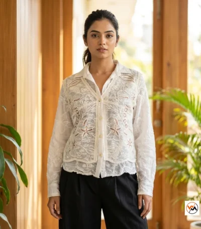 White embroidered shirt featuring a classic collar and button-down front for women – white embroidered shirt – photo 1