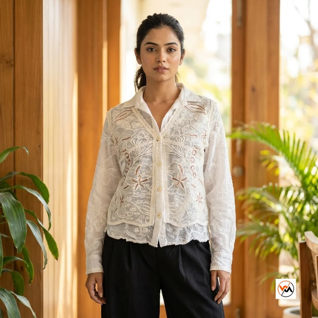 White embroidered shirt featuring a classic collar and button down front for women – white embroidered shirt White embroidered shirt featuring a classic collar and button-down front for women – white embroidered shirt – photo 1
