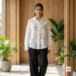 White embroidered shirt featuring a classic collar and button-down front for women – white embroidered shirt – photo 2