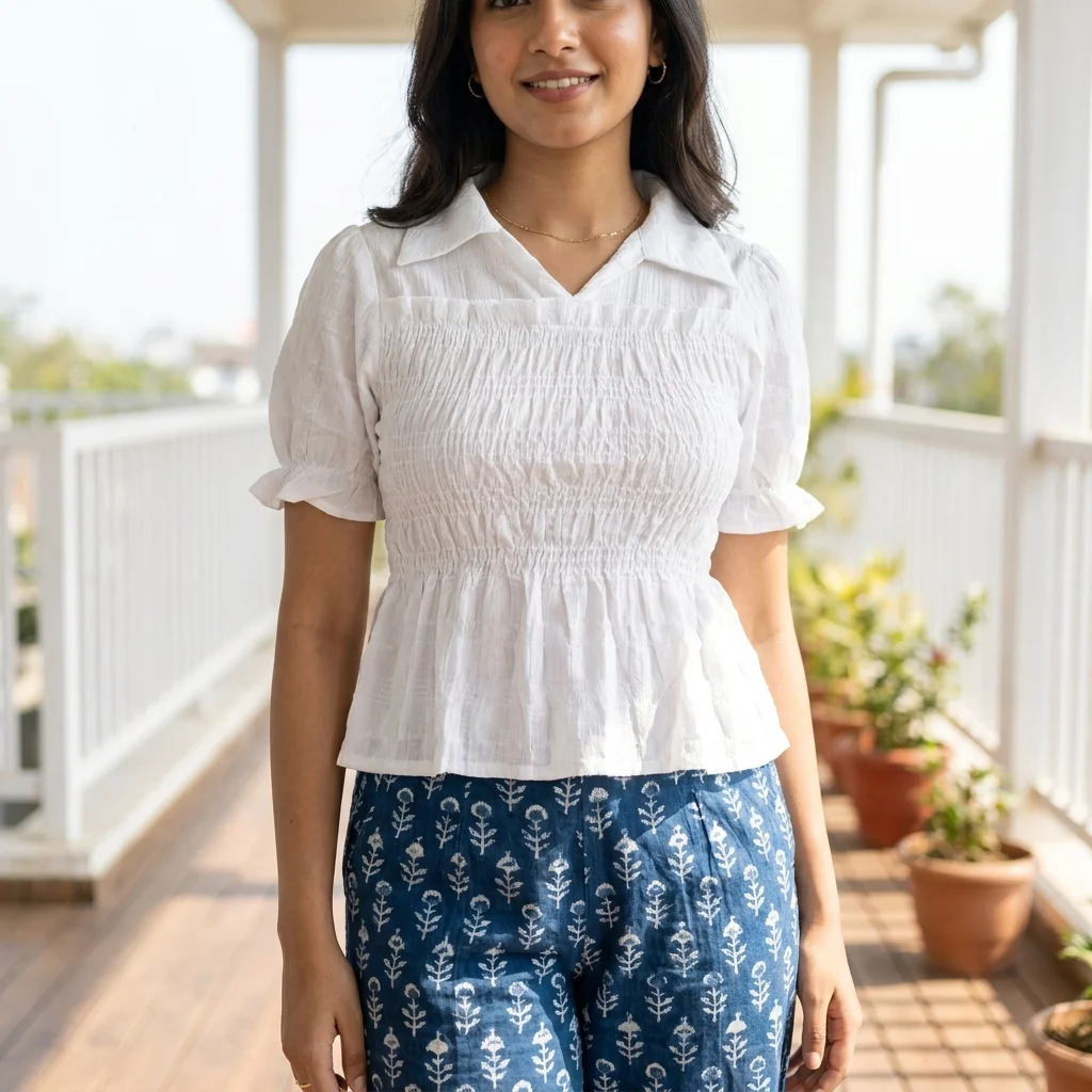 white smocked peplum top with short puff sleeves and a collar (4) white smocked peplum top with short puff sleeves and a collar (4)