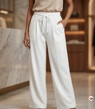 White wide leg pants with drawstring for women – white wide leg pants – photo 1