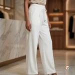 White wide leg pants with drawstring for women – white wide leg pants – photo 2