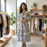 woman modeling the Womens Masi Dress, a floral print V neck midi dress (1)