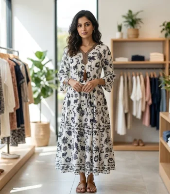 woman modeling the Womens Masi Dress, a floral print V neck midi dress (1)