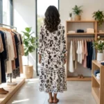 woman modeling the Womens Masi Dress, a floral print V neck midi dress (3)