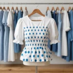 woman wearing a white and blue polka dot (1)