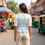 woman wearing a white and blue polka dot (2)