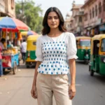 woman wearing a white and blue polka dot (3)