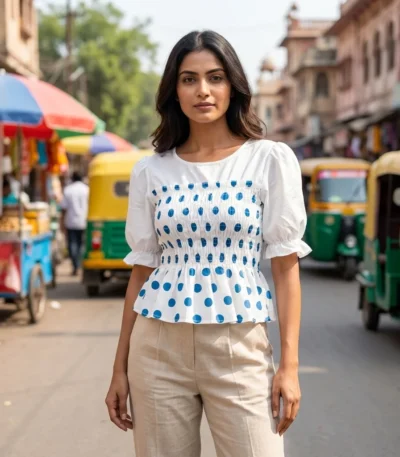 woman wearing a white and blue polka dot (3)