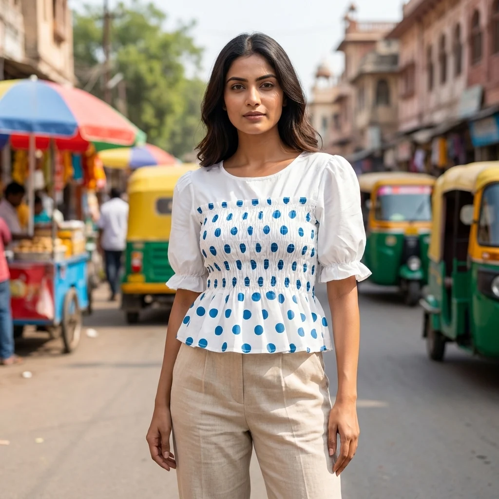 woman wearing a white and blue polka dot (3) woman wearing a white and blue polka dot (3)