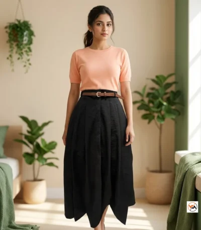 Women black maxi skirt with peach top set featuring an essential designer combination for modern wardrobes – women black maxi skirt – photo 1
