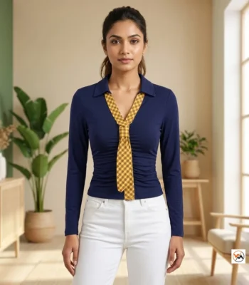 Women Blue Top with Checked Tie – women blue top – photo 1