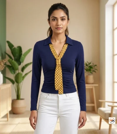 Women Blue Top with Checked Tie – women blue top – photo 1