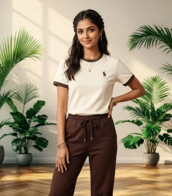Womens co-ord set featuring an elite ringer tee and matching trousers – women's Sophisticated Co-Ord set – photo 1