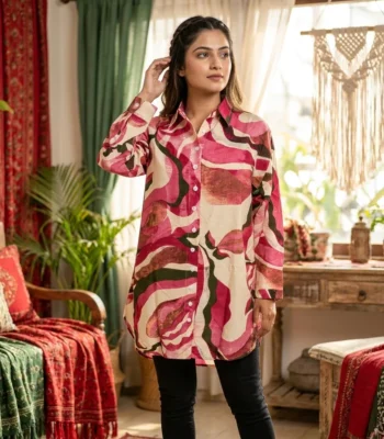 Women's Long Shirt with Abstract Floral Print – womens long shirt – photo 1
