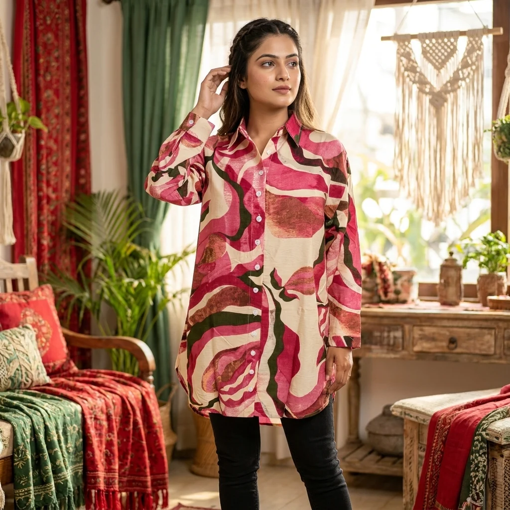 Women's Long Shirt with Abstract Floral Print – womens long shirt – photo 1