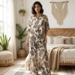 Women's Printed Co-Ord Set in Cream and Brown – women co ord set – photo 1