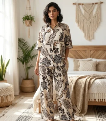 Women's Printed Co-Ord Set in Cream and Brown – women co ord set – photo 1