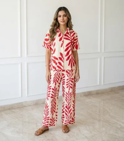 Women's Red Leaf Print Co-ord Set – womens co-ord set – photo 1