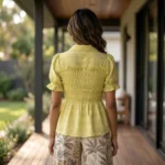 yellow smocked peplum top with short puff sleeves and collar, (1)