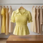 yellow smocked peplum top with short puff sleeves and collar, (2)