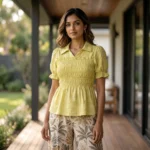 yellow smocked peplum top with short puff sleeves and collar, (4)