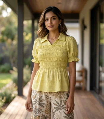 yellow smocked peplum top with short puff sleeves and collar, (4)