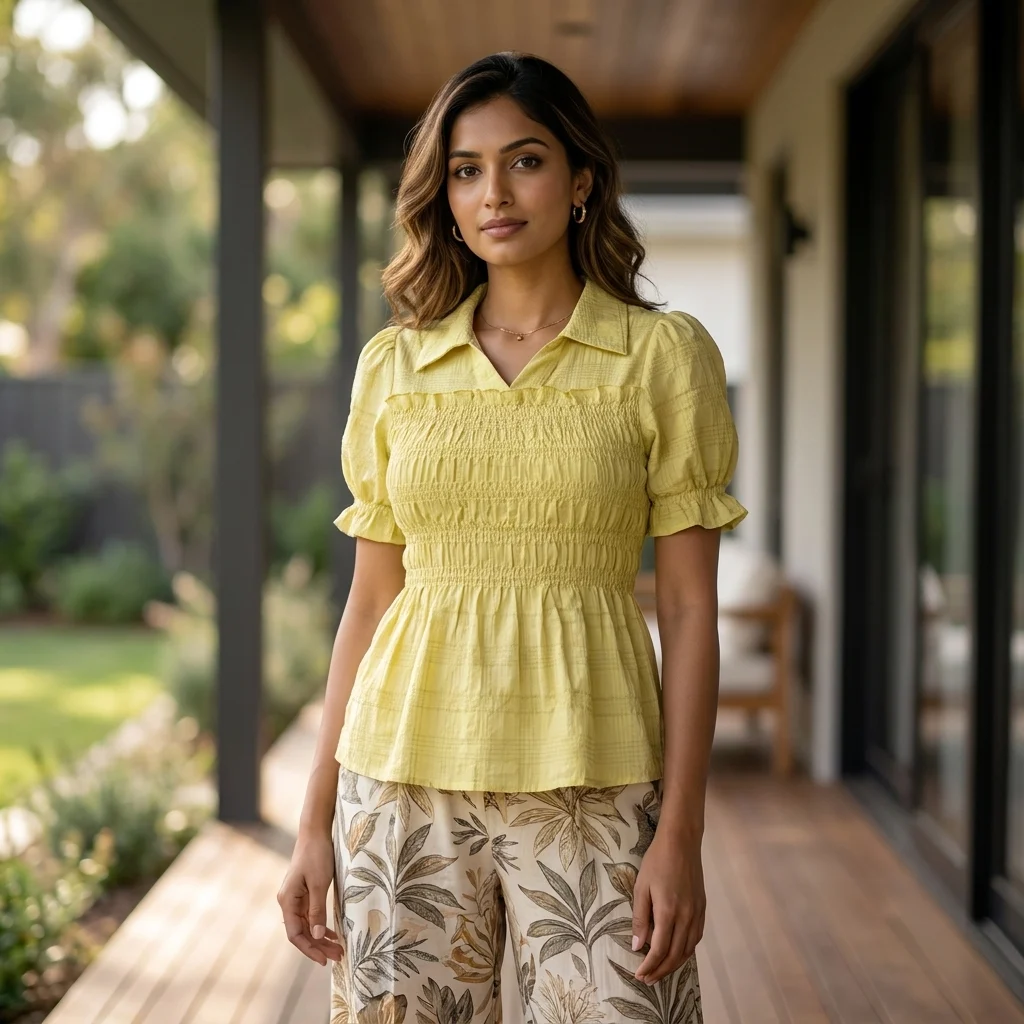 yellow smocked peplum top with short puff sleeves and collar, (4)