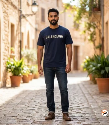Balenciaga t shirt mens navy blue graphic printed crew neck short sleeve casual top – Balenciaga t shirt – photo 1
