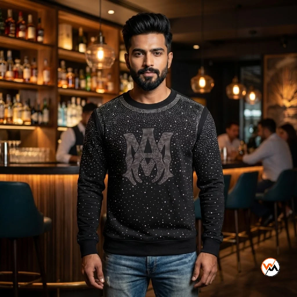Black crystal t-shirt for men featuring luxurious rhinestone embellishments and a striking central monogram design – black crystal t-shirt – photo 1