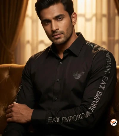 EA7 black shirt for men featuring rhinestone arm branding and a tailored structured fit for evening wear. – EA7 black shirt – photo 1