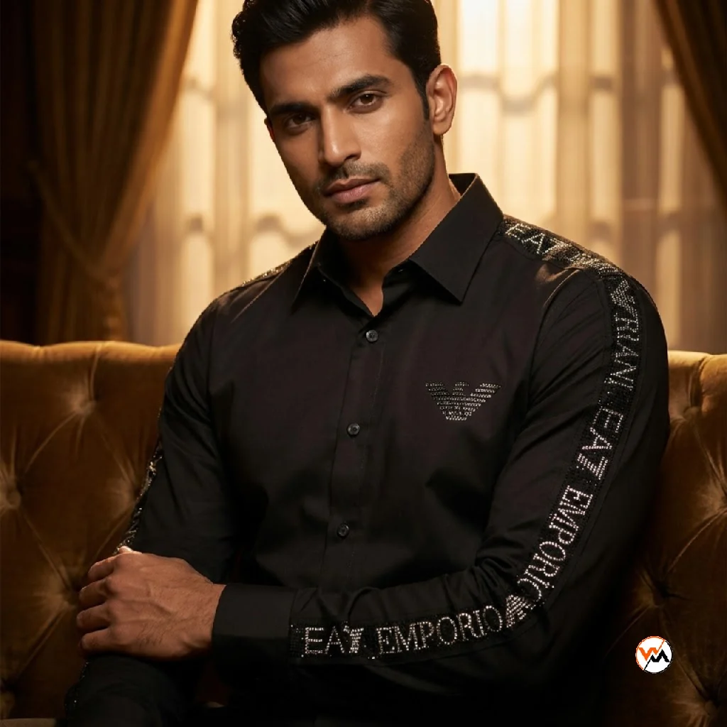 EA7 black shirt for men featuring rhinestone arm branding and a tailored structured fit for evening wear. – EA7 black shirt EA7 black shirt for men featuring rhinestone arm branding and a tailored structured fit for evening wear. – EA7 black shirt – photo 1