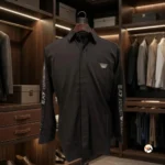 EA7 black shirt for men featuring rhinestone arm branding and a tailored structured fit for evening wear. – EA7 black shirt – photo 2