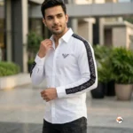 Emporio Armani white shirt for men with signature arm stripes and chest eagle logo – white shirt for men – photo 1