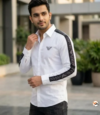 Emporio Armani white shirt for men with signature arm stripes and chest eagle logo – white shirt for men – photo 1